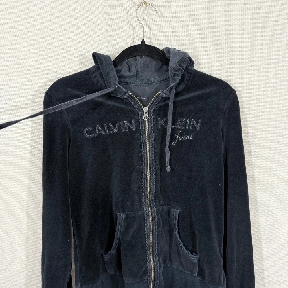Calvin Klein Jeans Womens Black Velour Tracksuit Set Hoodie Pants Y2K Small - Picture 2 of 10